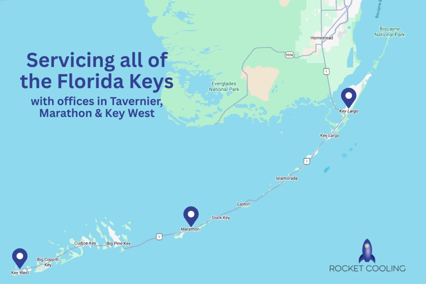 Rocket Cooling service area map covering the Florida Keys