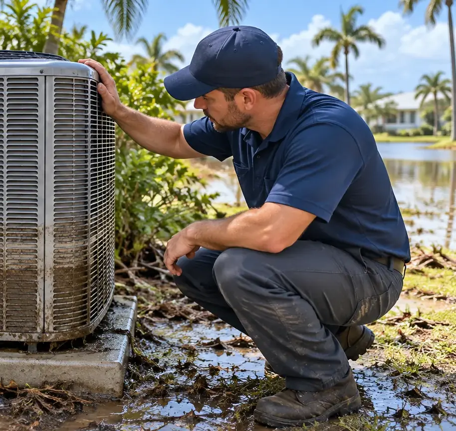 HVAC technician inspecting an outdoor AC unit with a mud line left by floodwater